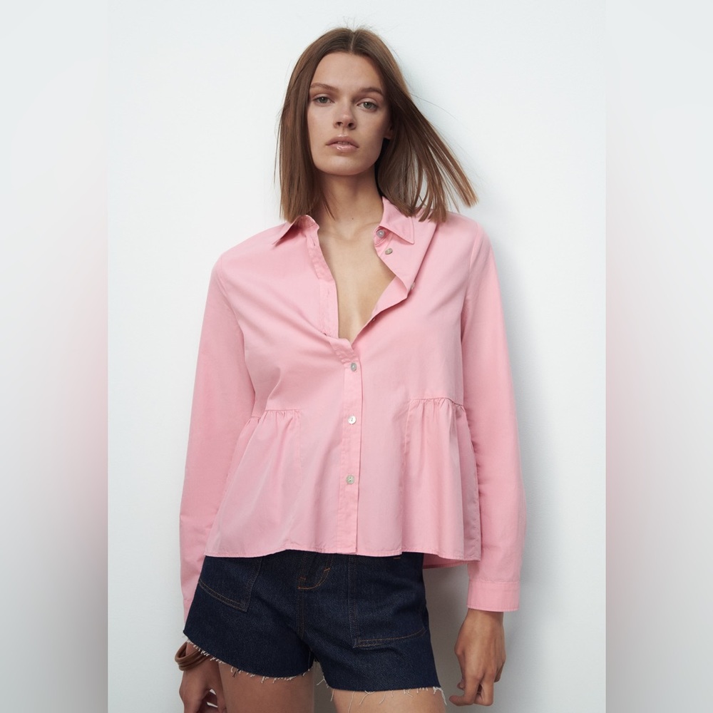 73-NWOT ZARA PINK RUFFLED POPLIN SHIRT
